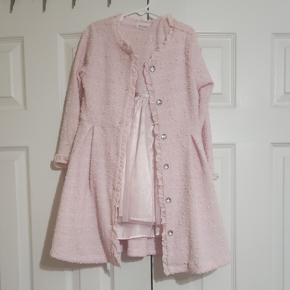 Pink Textured Coat with Ruffle Trim